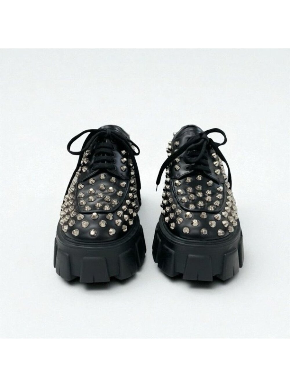 Prada Monolith Loafers Leather Shoes Black Silver Studded Lace Up - Picture 3 of 11